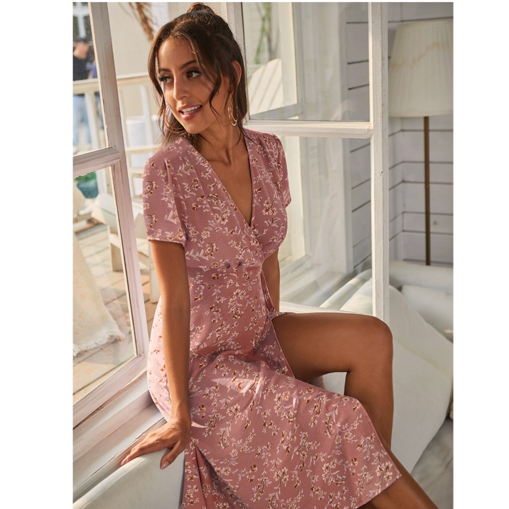 Dusty Pink Floral Wrap Midi Dress